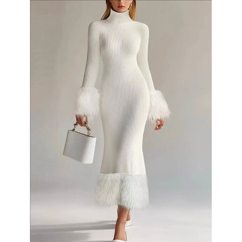 White Fur Trimmed Long Sleeve Maxi Dress